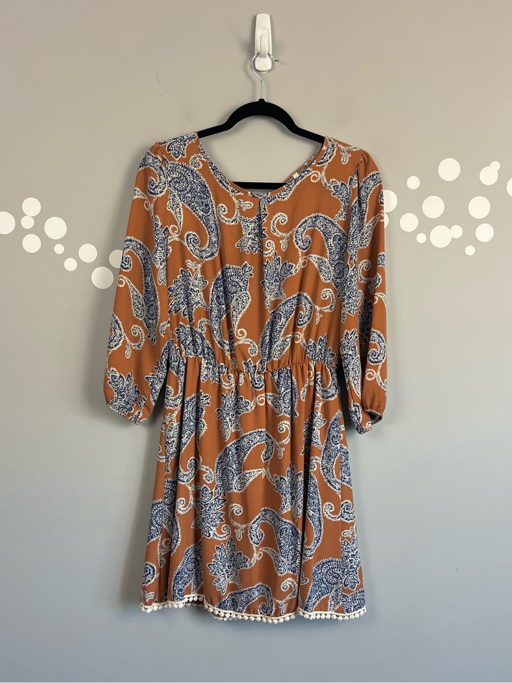 Sage Paisley Drop Waist Boho Mini Dress Brown Blue Pom Trim